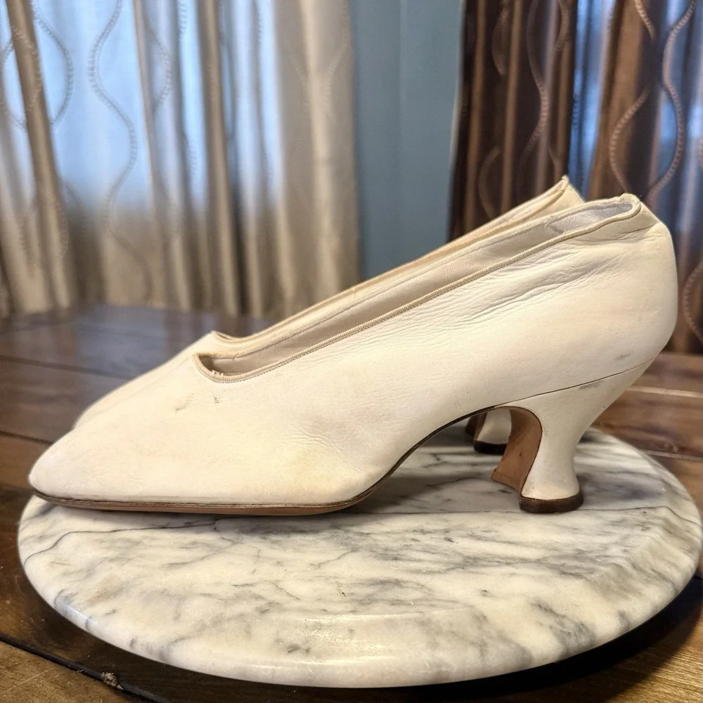 NOS Antique VTG Victorian White Kid Leather Louis Wedding Bride Heels Shoes Sz 8